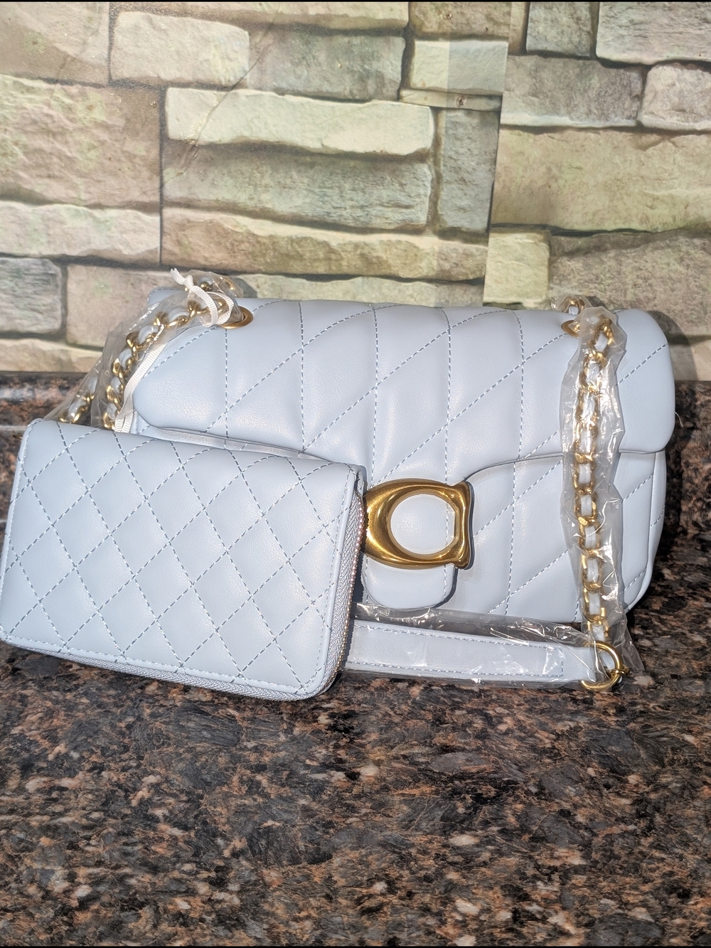 Quilted Light Blue Chain Shoulder Bag with Matching Wallet Inspired